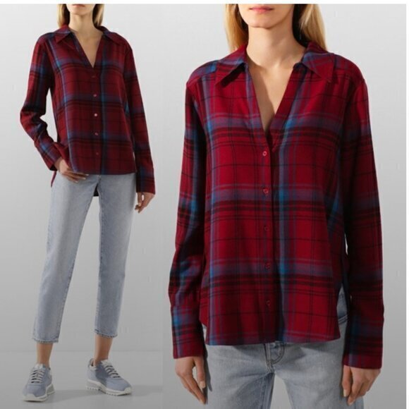 Paige Blouse Davlyn Button Down Flannel in Plaid Cabernet Black - Picture 1 of 9